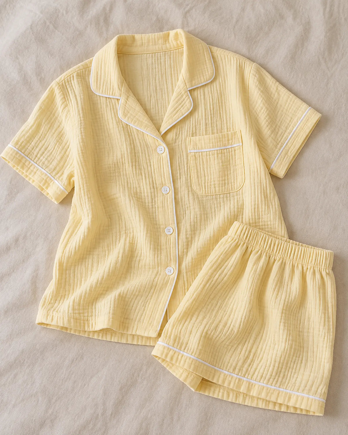 The Cherish Company — Collared Muslin Shorts Pajama Set in Yellow