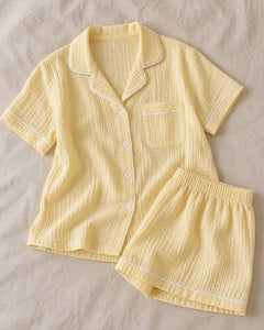 The Cherish Company — Collared Muslin Shorts Pajama Set in Yellow