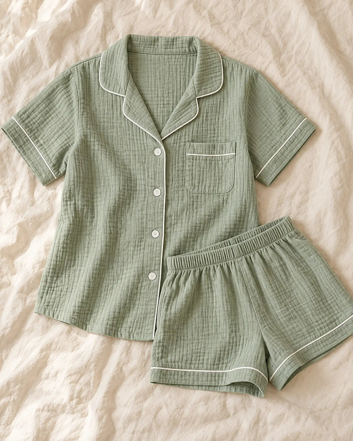 The Cherish Company — Collared Muslin Shorts Pajama Set in Light Green