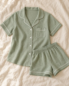 The Cherish Company — Collared Muslin Shorts Pajama Set in Light Green