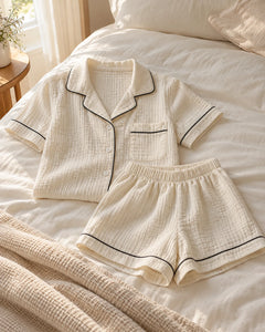 The Cherish Company — Collared Muslin Shorts Pajama Set in White