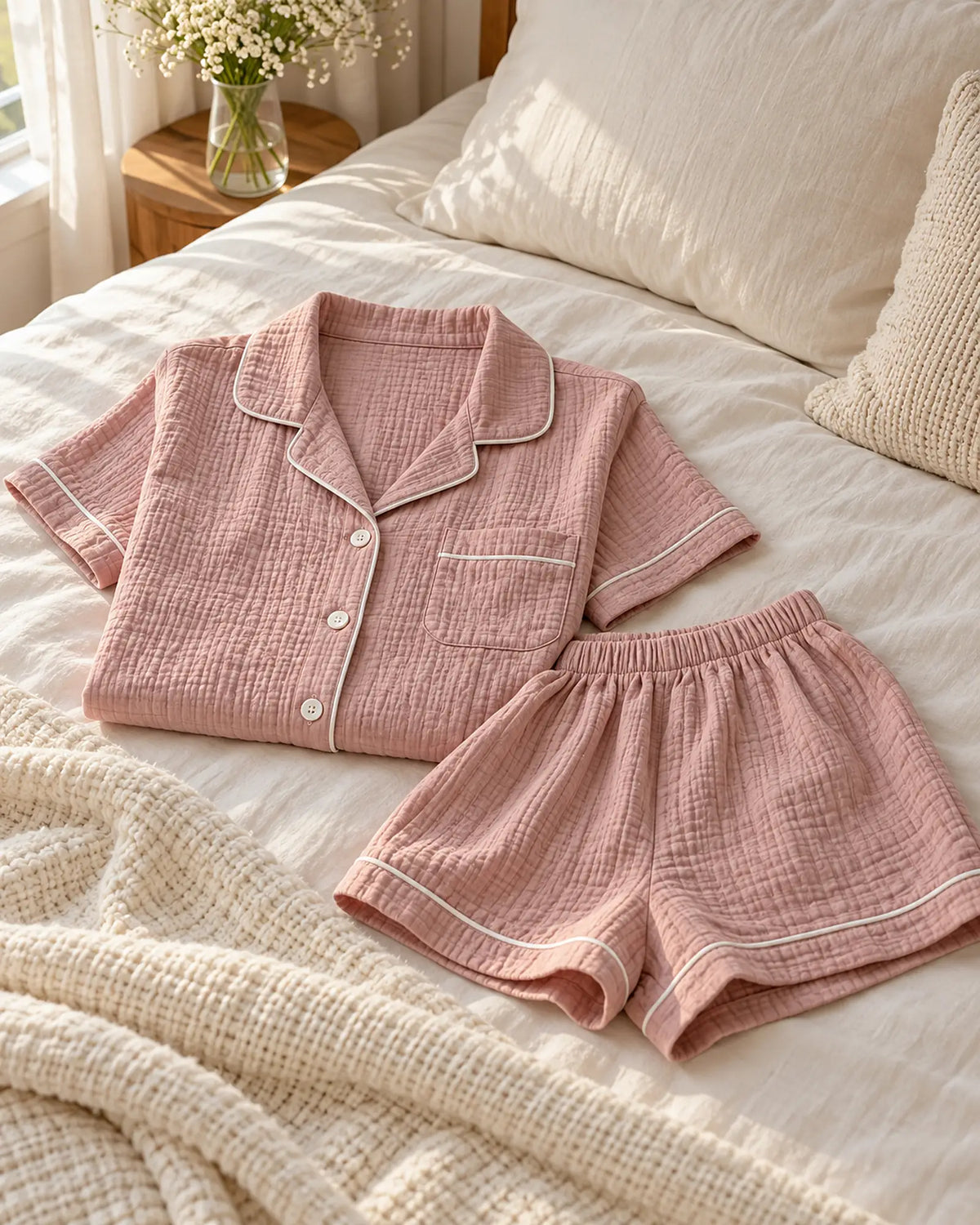 The Cherish Company — Collared Muslin Shorts Pajama Set in Pink