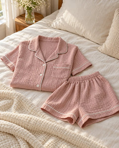 The Cherish Company — Collared Muslin Shorts Pajama Set in Pink
