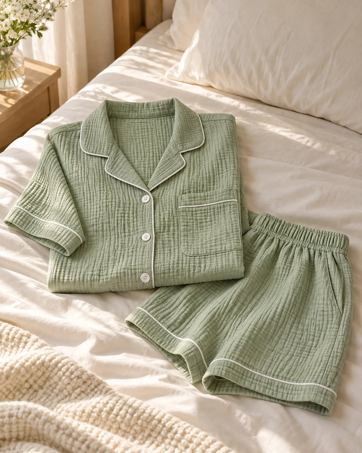 The Cherish Company — Collared Muslin Shorts Pajama Set in Light Green