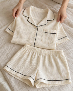 The Cherish Company — Collared Muslin Shorts Pajama Set in White