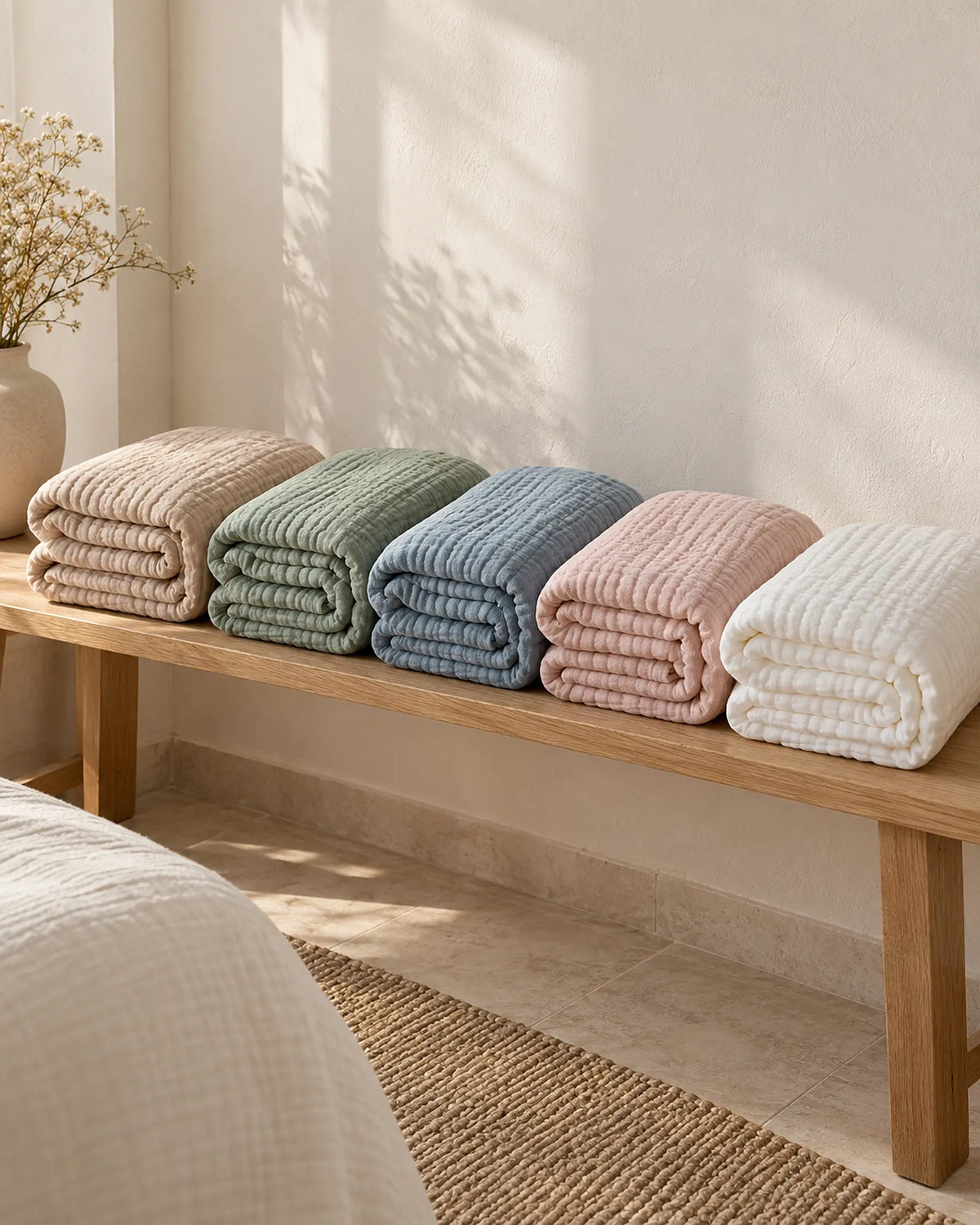 The Cherish Company — AltiCoddle™ Premium Extra-Thick Muslin Blanket in Dune, Green, Blue, Pink, White