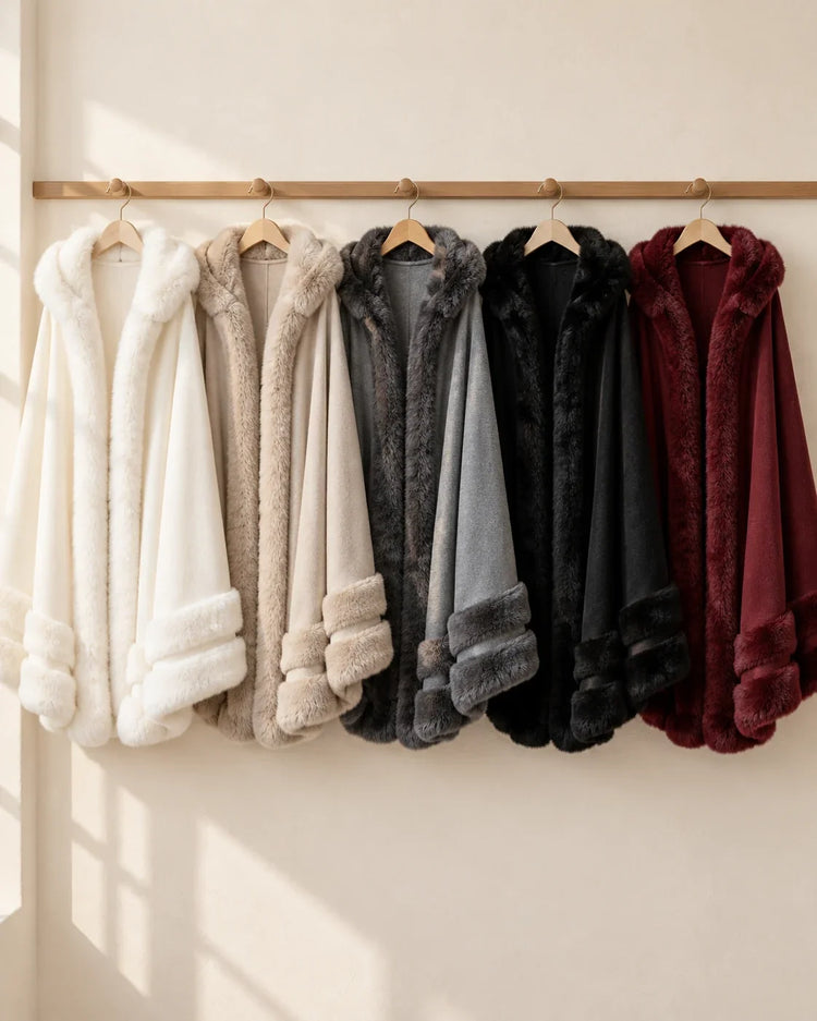 The Cherish Company — Hooded Fleece Wrap with Faux-Fur Trim in White, Beige, Grey, Black, Red