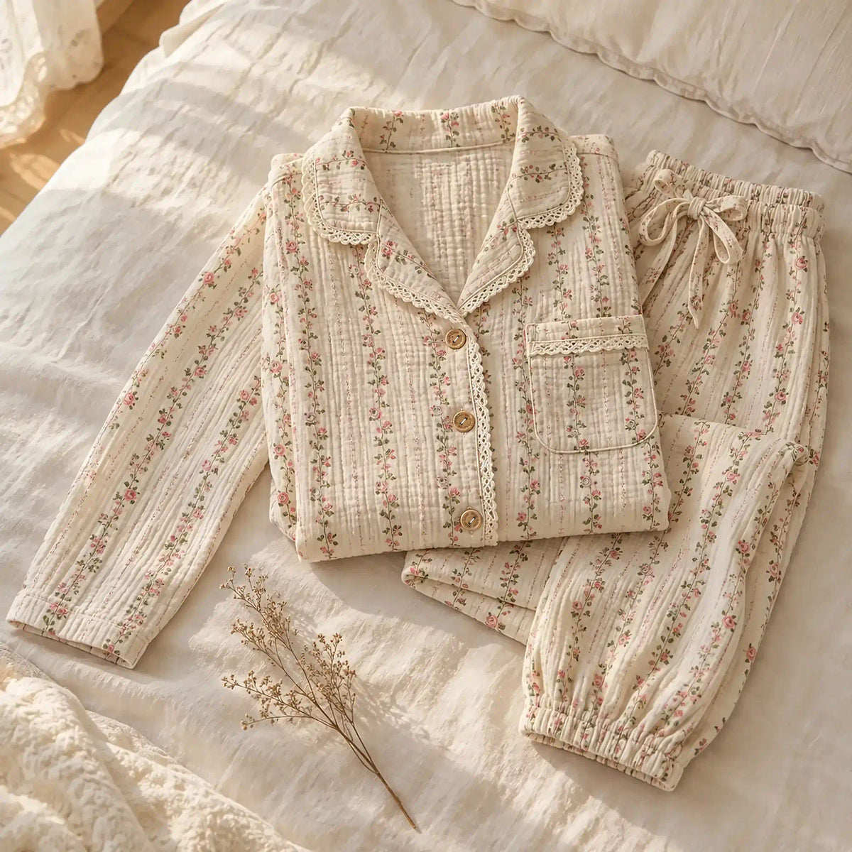 The Cherish Company — Lace-Edged Bow-Waist Muslin Pajamas in Blossom Lines