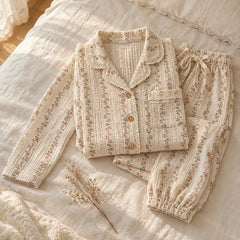The Cherish Company — Lace-Edged Bow-Waist Muslin Pajamas in Blossom Lines