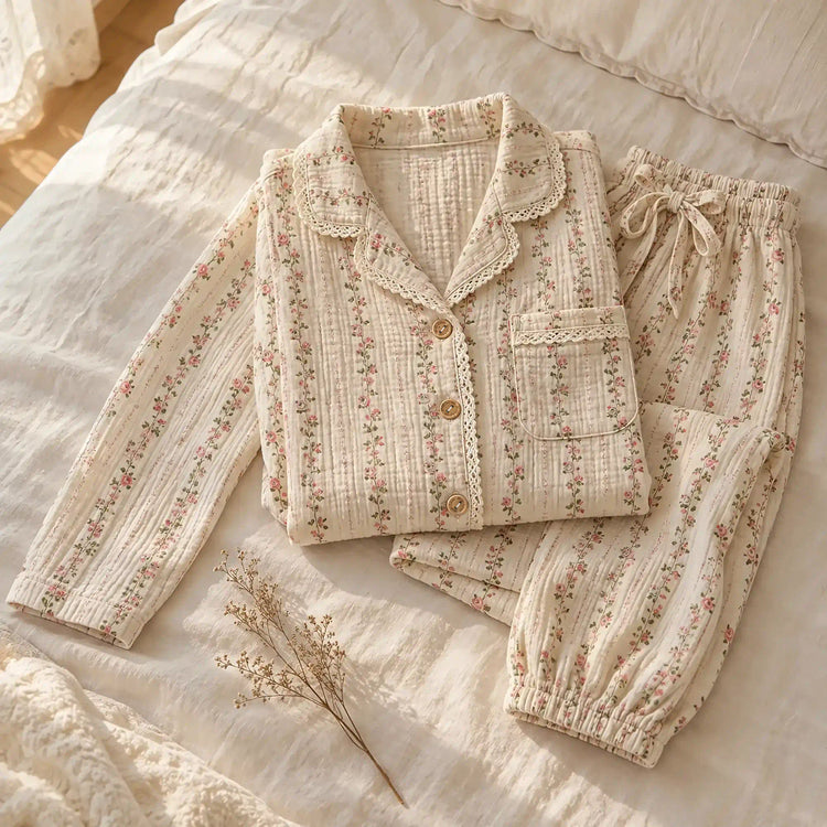 The Cherish Company — Lace-Edged Bow-Waist Muslin Pajamas in Blossom Lines