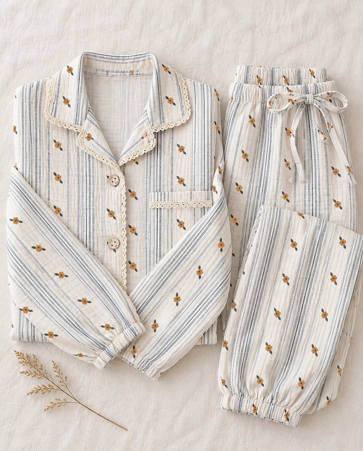 The Cherish Company — Lace-Edged Bow-Waist Muslin Pajamas in Sunpetal Stripes