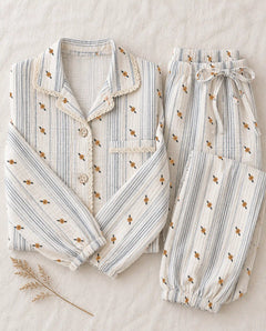 The Cherish Company — Lace-Edged Bow-Waist Muslin Pajamas in Sunpetal Stripes