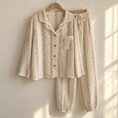 The Cherish Company — Lace-Edged Bow-Waist Muslin Pajamas in Blossom Lines