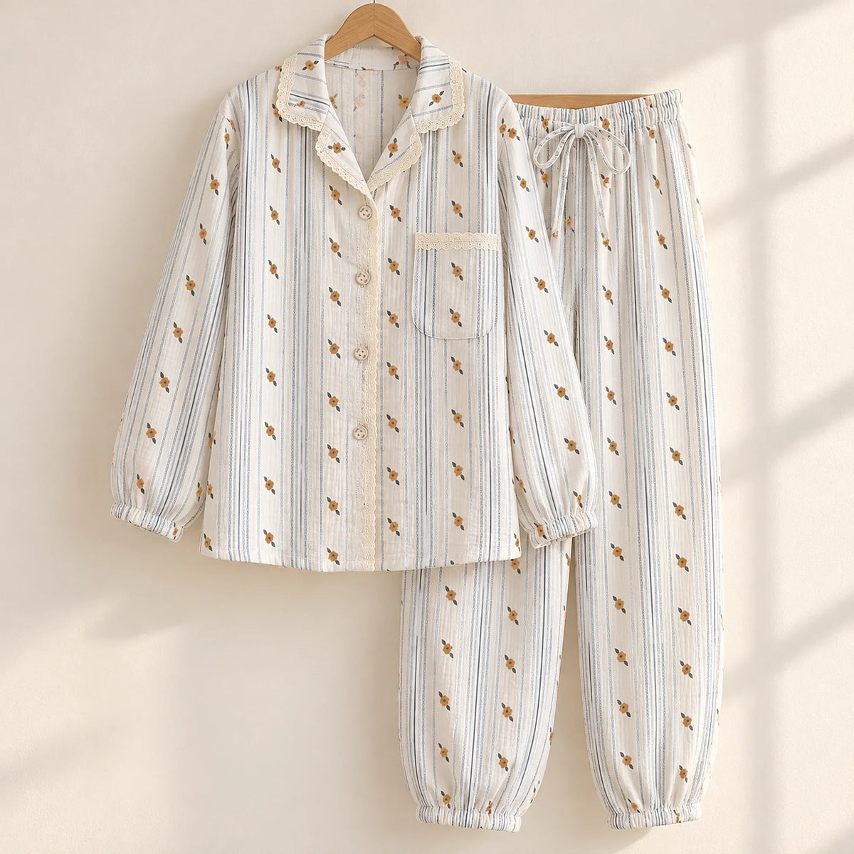 The Cherish Company — Lace-Edged Bow-Waist Muslin Pajamas in Sunpetal Stripes