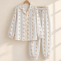 The Cherish Company — Lace-Edged Bow-Waist Muslin Pajamas in Sunpetal Stripes