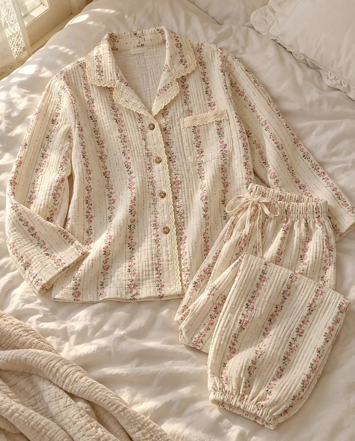 The Cherish Company — Lace-Edged Bow-Waist Muslin Pajamas in Blossom Lines