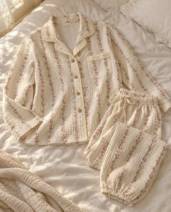 The Cherish Company — Lace-Edged Bow-Waist Muslin Pajamas in Blossom Lines