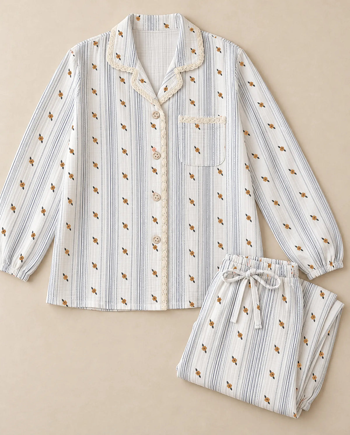 The Cherish Company — Lace-Edged Bow-Waist Muslin Pajamas in Sunpetal Stripes