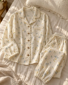 The Cherish Company — Lace-Edged Bow-Waist Muslin Pajamas in Wildflower Field