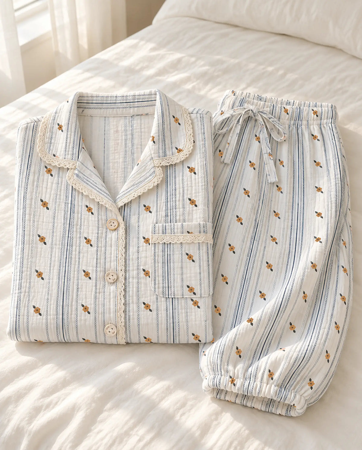 The Cherish Company — Lace-Edged Bow-Waist Muslin Pajamas in Sunpetal Stripes