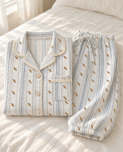 The Cherish Company — Lace-Edged Bow-Waist Muslin Pajamas in Sunpetal Stripes