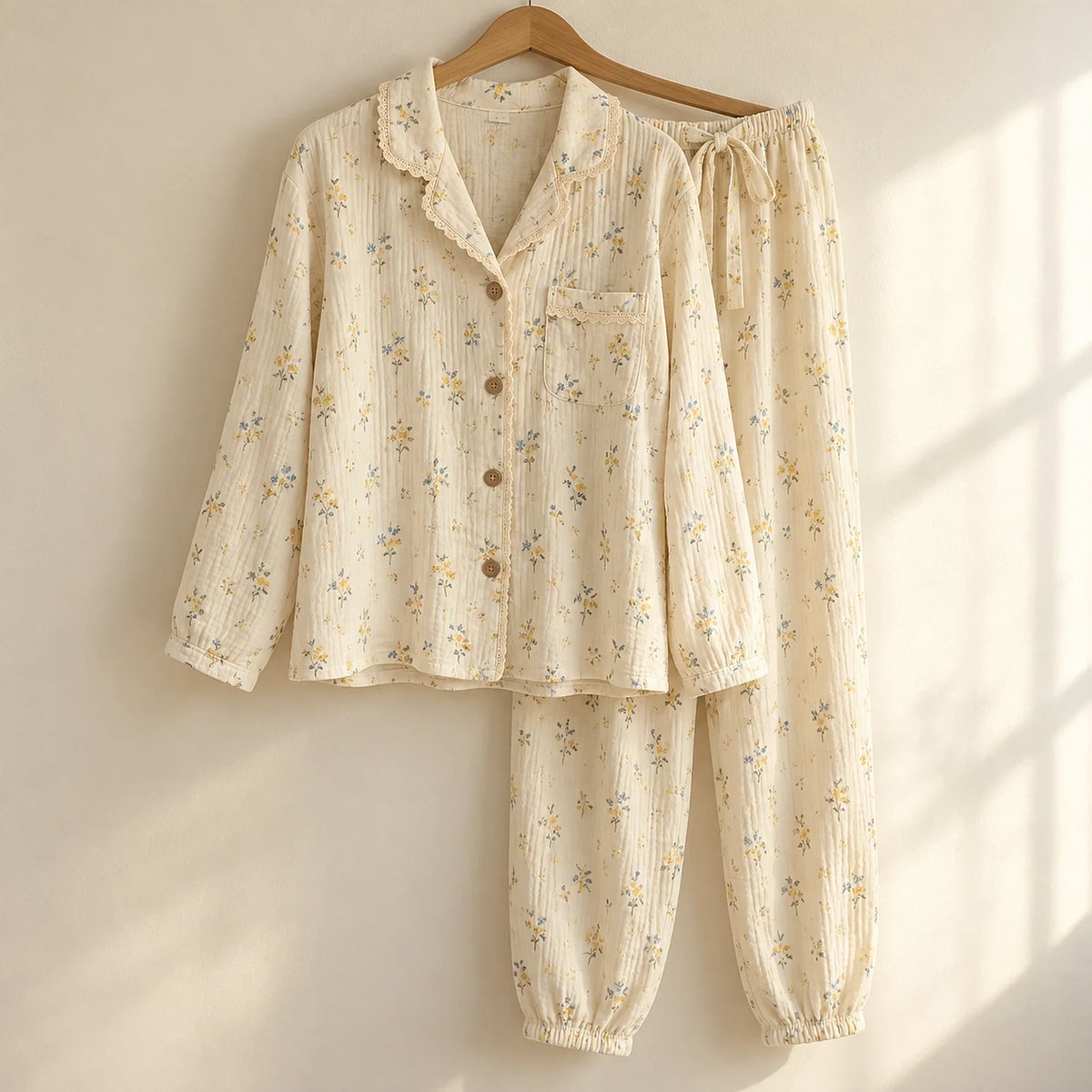 The Cherish Company — Lace-Edged Bow-Waist Muslin Pajamas in Wildflower Field
