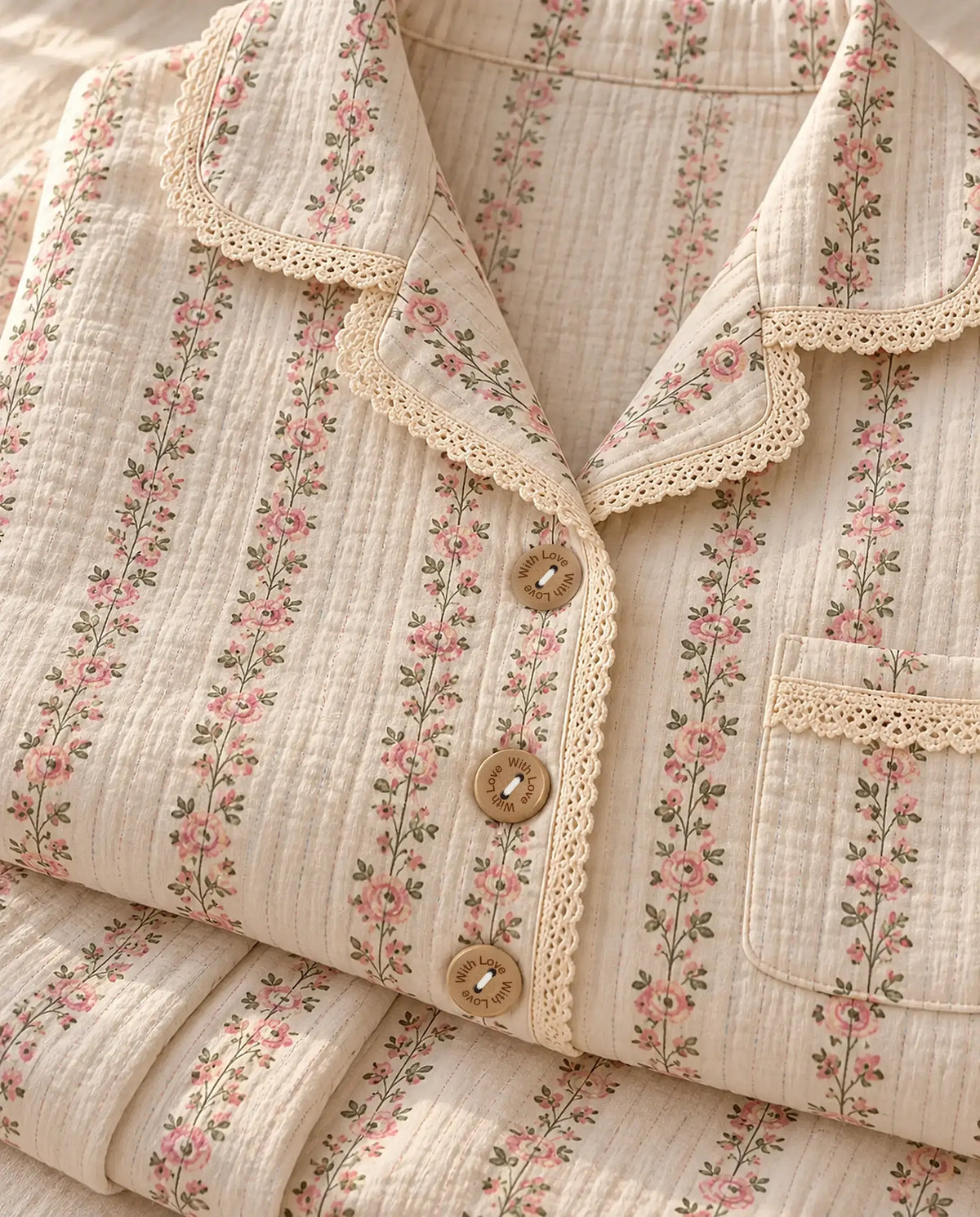 The Cherish Company — Lace-Edged Bow-Waist Muslin Pajamas in Blossom Lines