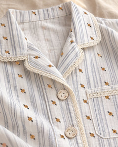 The Cherish Company — Lace-Edged Bow-Waist Muslin Pajamas in Sunpetal Stripes