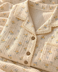 The Cherish Company — Lace-Edged Bow-Waist Muslin Pajamas in Wildflower Field