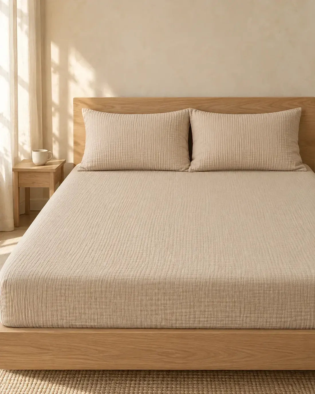 Double-layer muslin fitted sheet set in Dune on a bed with two pillows