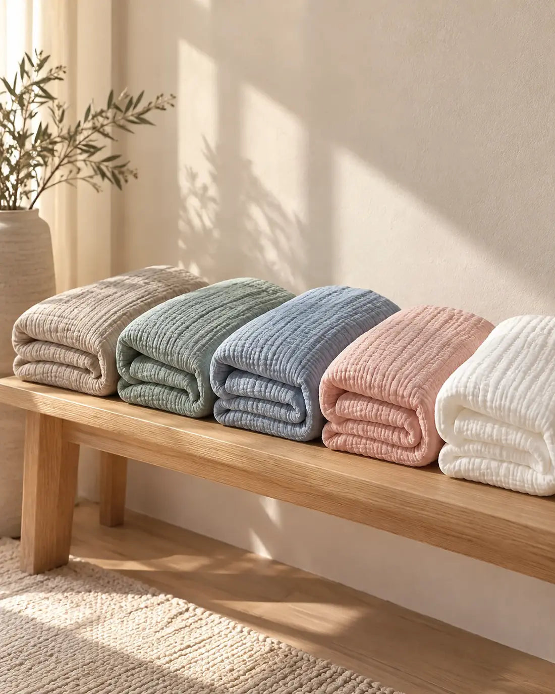 AltiCoddle six-layer muslin cotton blankets folded on a bench in five colors