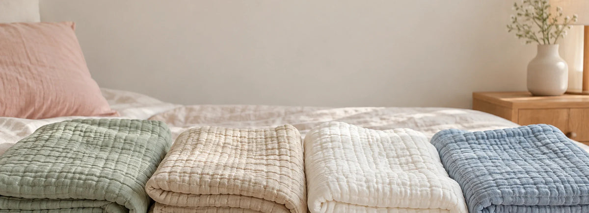 Four folded muslin blankets in sage, dune, white and dusty blue.