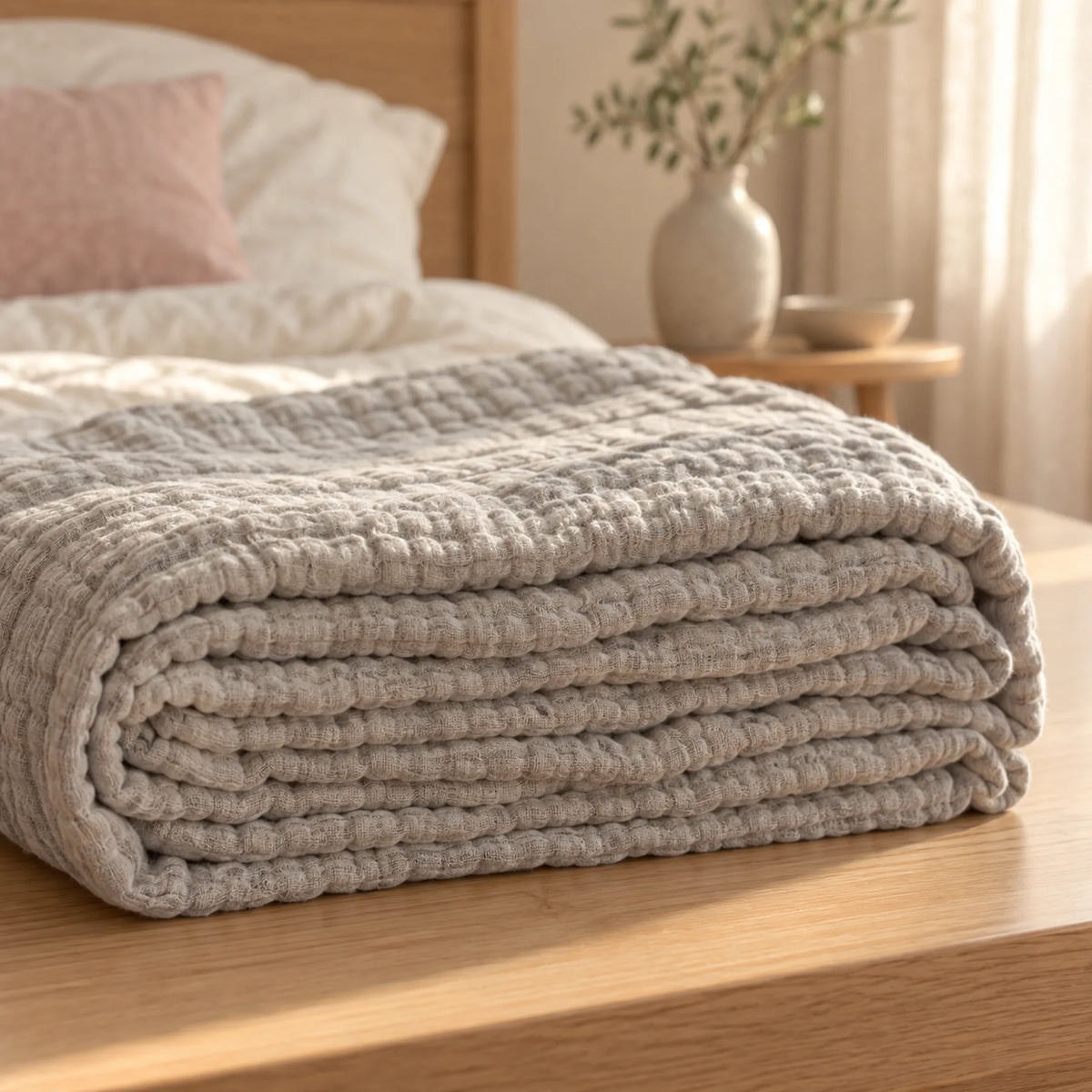 A folded stack of grey nine-layer muslin, with a thick layered edge.