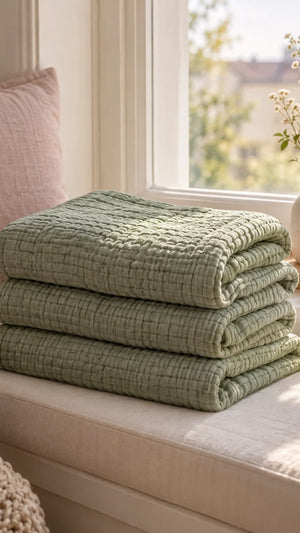 A stack of sage six-layer muslin on a window seat.