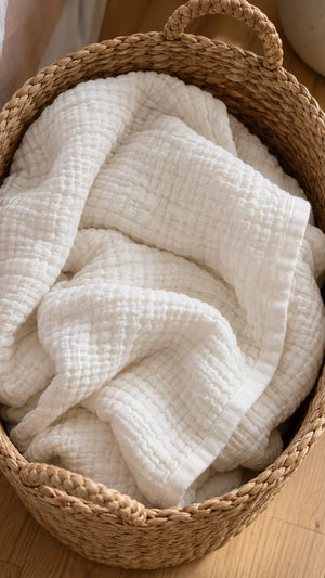 A white six-layer muslin blanket folded in a seagrass basket.